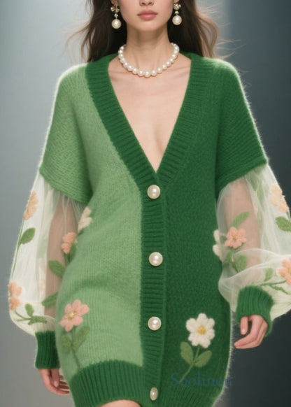 Green V Neck Patchwork Knit Cardigan Fall