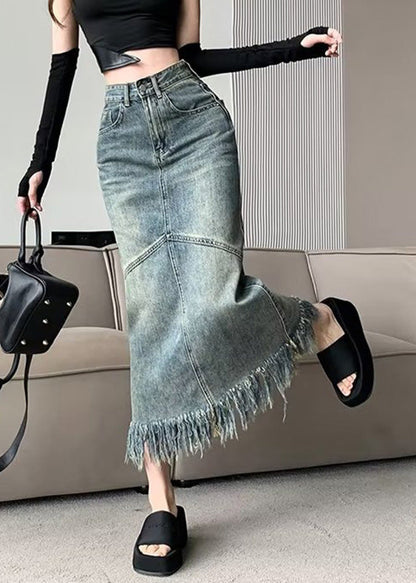 Blue Patchwork Tassel Denim Maxi Skirts Summer