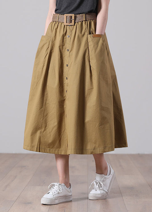 French Color Khaki Elastic Waist Pockets Button Sashes Cotton a Line Skirts Summer