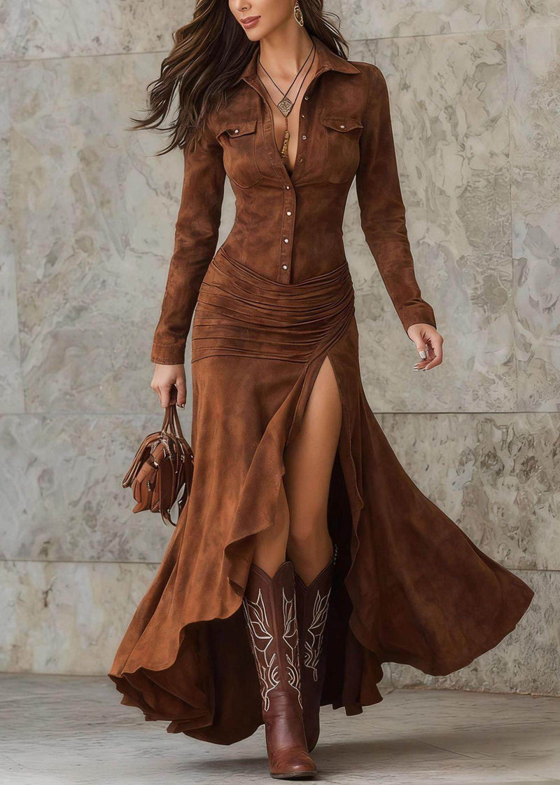 Caramel Peter Pan Collar Patchwork Side Open Velour Maxi Dress Spring