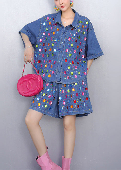 Rhinestone Denim Blue Shirts and Shorts Two Pieces Set Summer