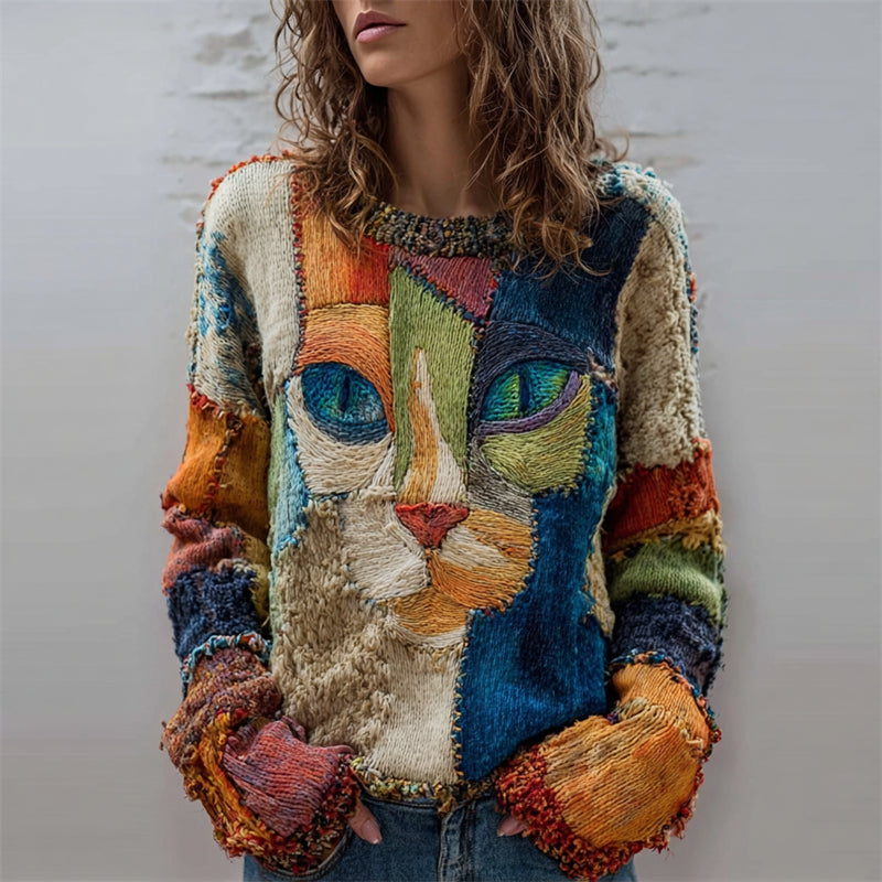 Vintage Cat Face Colorblock Patchwork Cozy Knit Sweater elevenforest