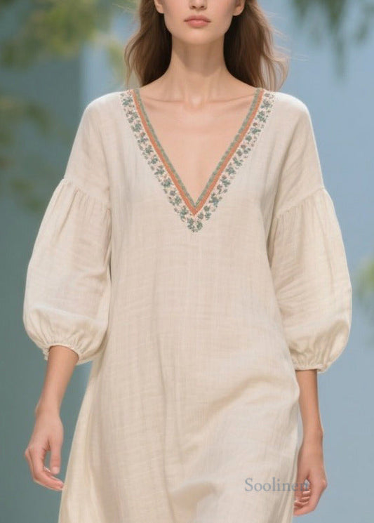 White Puff Sleeve Patchwork Linen Dresses