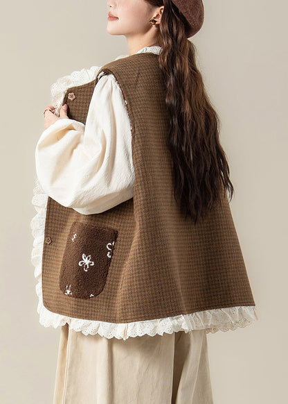 Plaid Coffee Lace Patchwork Wear on Both Sides Teddy Faux Fur Waistcoat Sleeveless