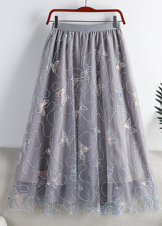 Grey Butterfly Embroideried Elastic Waist Tulle a Line Skirt Summer