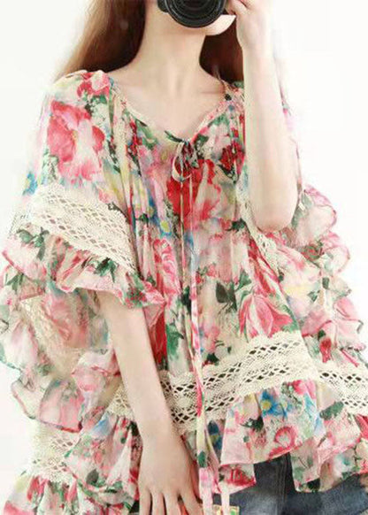 Diy Print Lace Chiffon Blouses Flare Sleeve