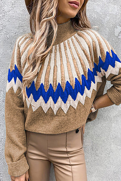Geometric Patchwork Contrast Turtleneck Tops(4 Colors)