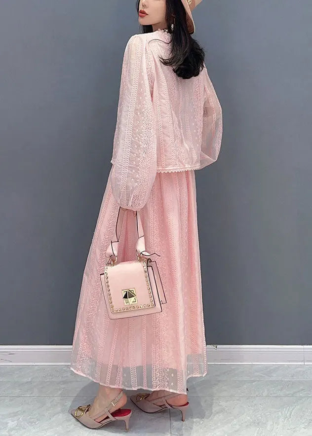 Italian Pink Embroideried Patchwork Tops and Skirts Chiffon Two Pieces Set Summer