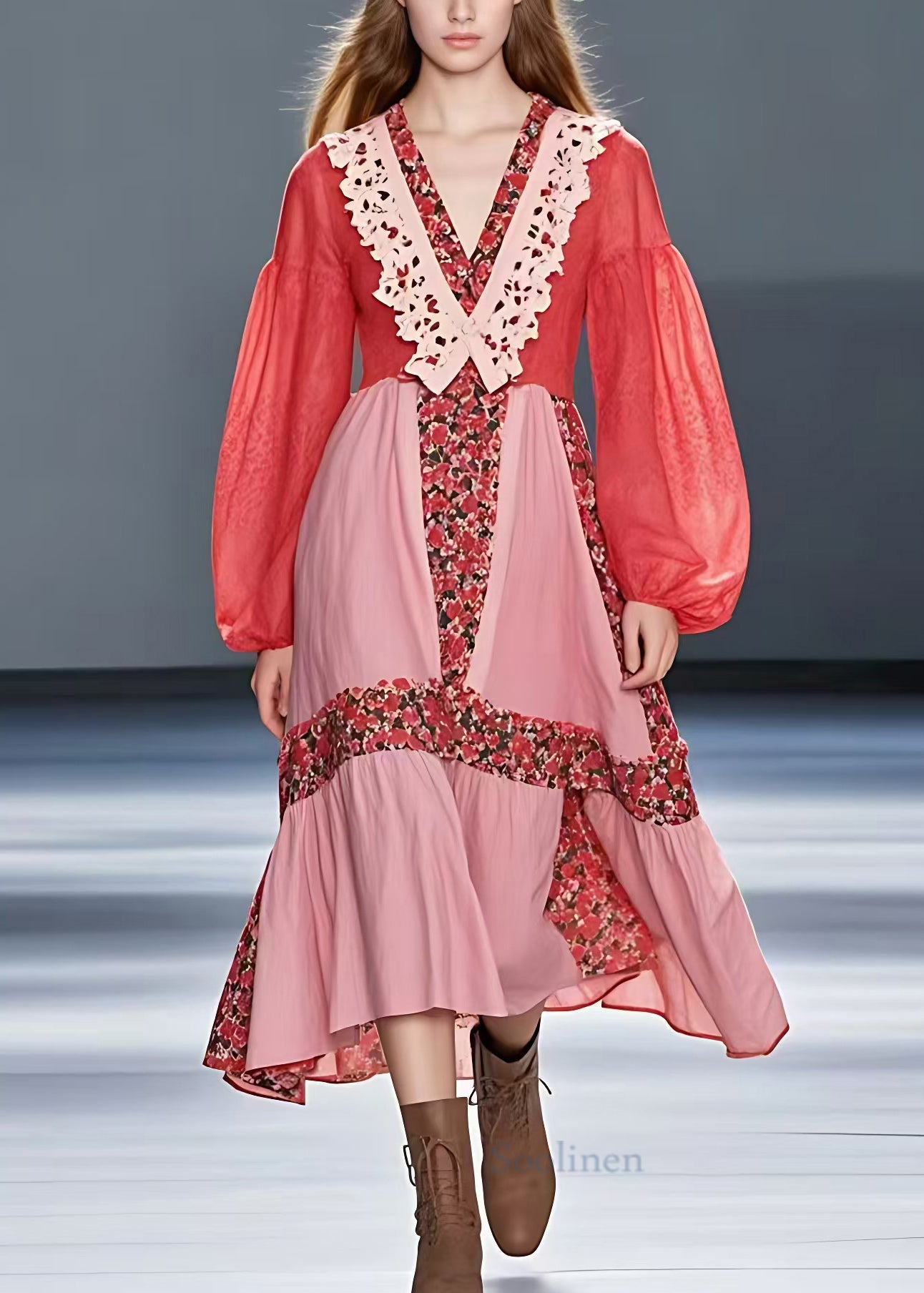 Red V Neck Print Patchwork Cotton Dress Long Sleeve