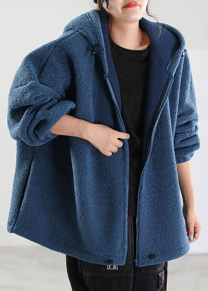 French Blue Hooded Drawstring Faux Fur Jackets Winter