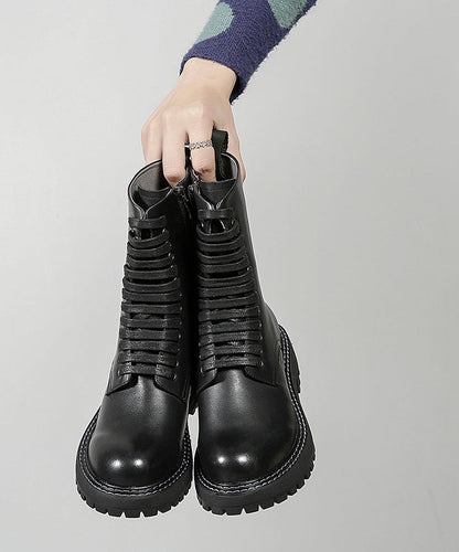 Black Chunky Cowhide Leather Cross Strap Boots