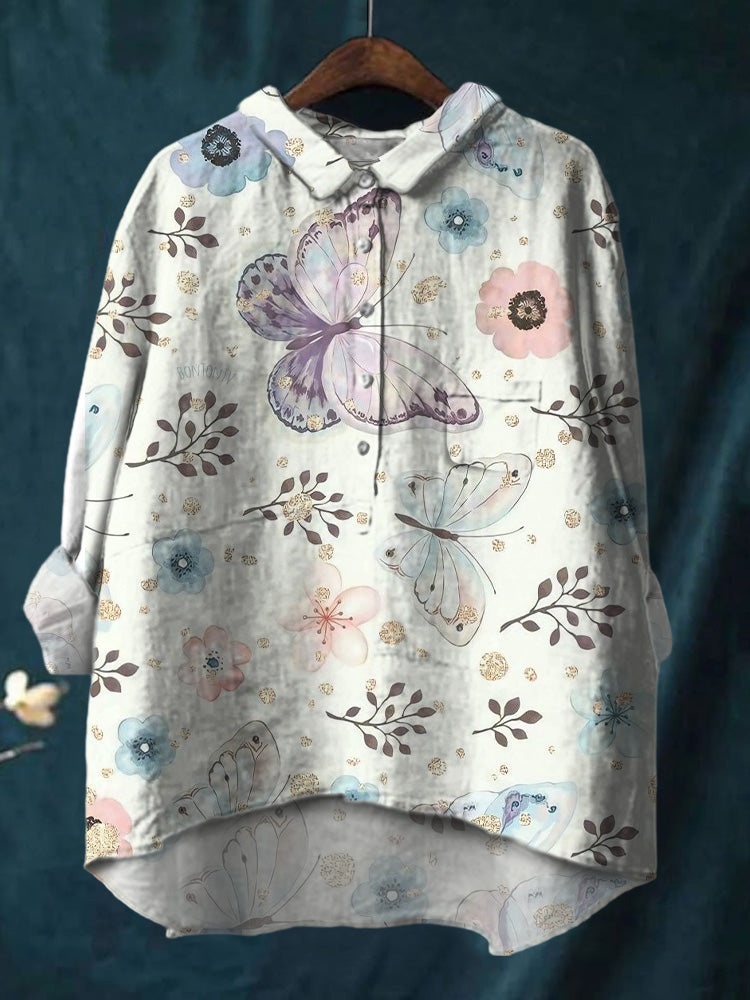 Elegant Ink Painting Of Butterflies And Flowers Printed Cotton And Linen Shirt