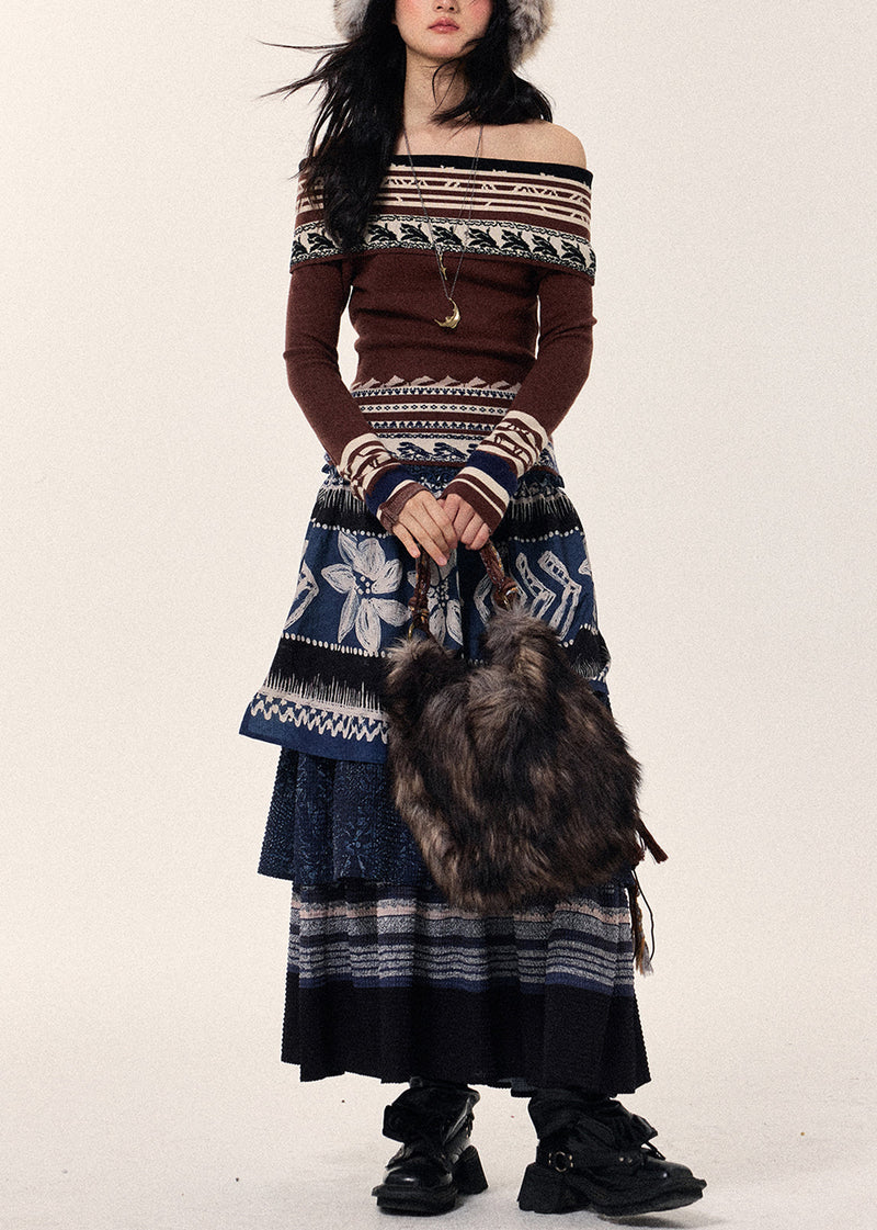 Style Navy Layered Patchwork Linen Skirt Spring