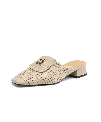 Apricot Cowhide Leather Splicing Hollow Out Slide Sandals