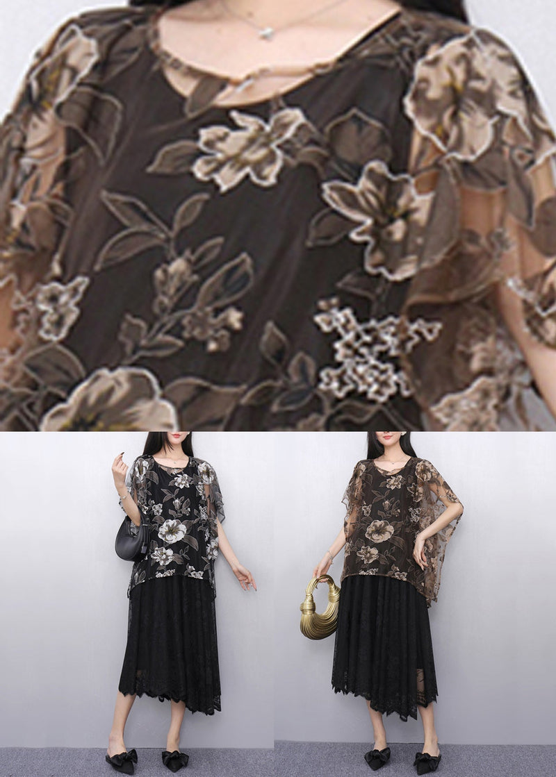 Loose Brown O-neck Tulle Top and Maxi Dress Two Pieces Set Summer
