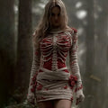 Comstylish Women's Vintage Skeleton Red Rose Art Cozy Knit Mini Sweater Dress