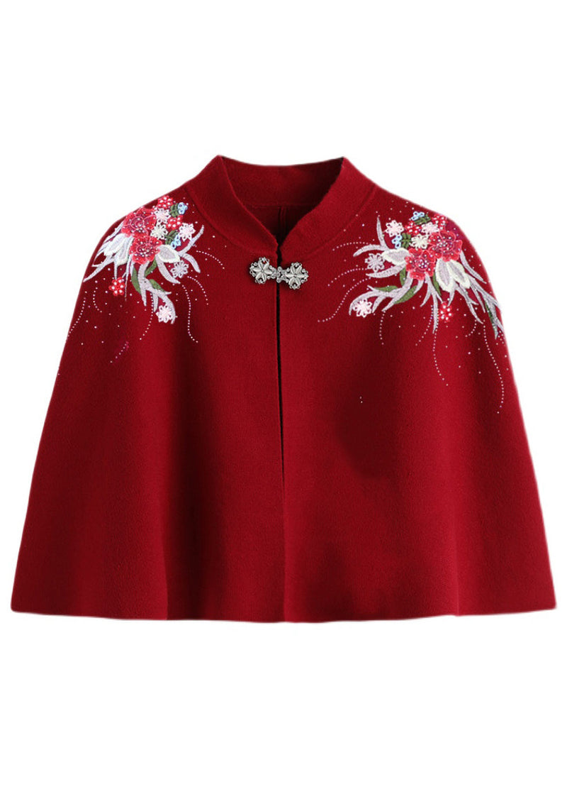 Wine Red Stand Collar Embroidered Patchwork Woolen Coats Fall