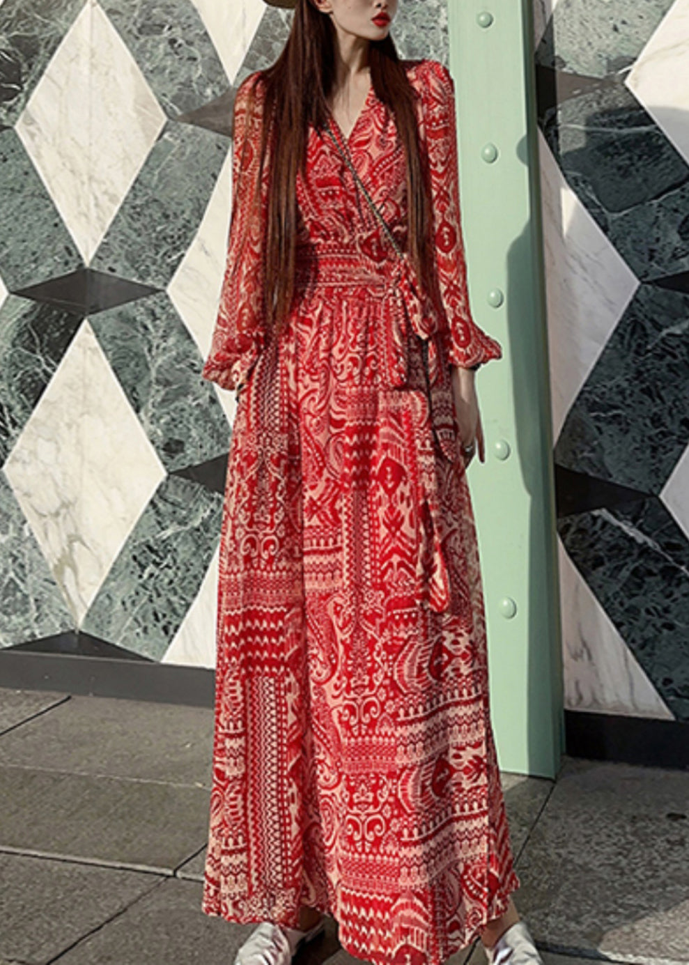 Red Print Tie Waist Vacation Long Dresses Spring