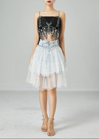Light Blue Elastic Waist Tulle Patchwork Denim Skirts Summer