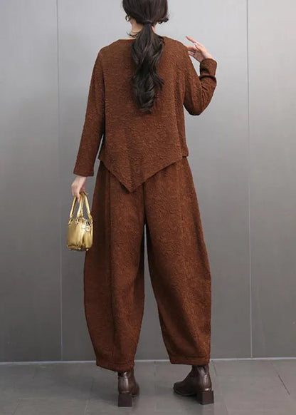 Brown O-neck Print T Shirts and Lantern Pants Two Pieces Set Spring