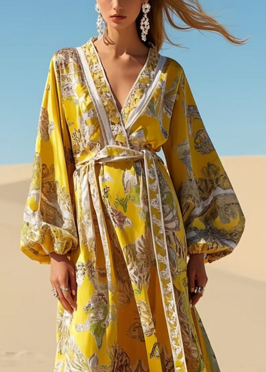 Yellow Tie Waist Print Chiffon Robe Dresses Spring