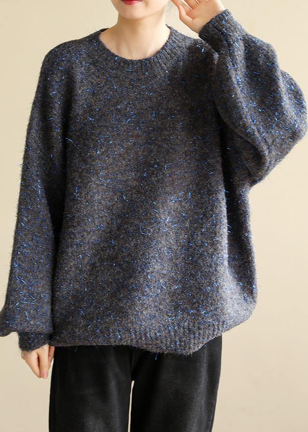 Dark Black Gray Knit Tops Long Sleeve O Neck Knitwear