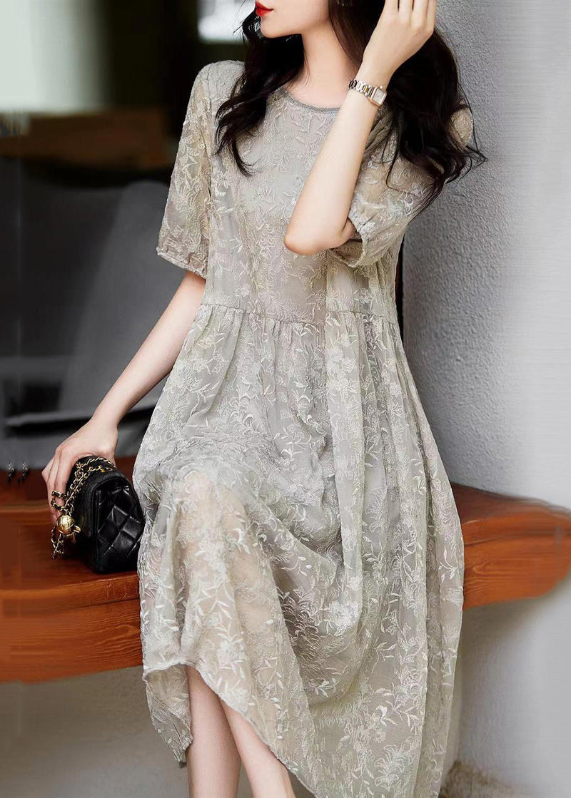 Grey Embroidered Wrinkled Patchwork Lace Dresses Summer