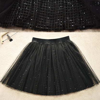 Diy Black Sequins Hollow Out Tulle Pleated Skirt Summer
