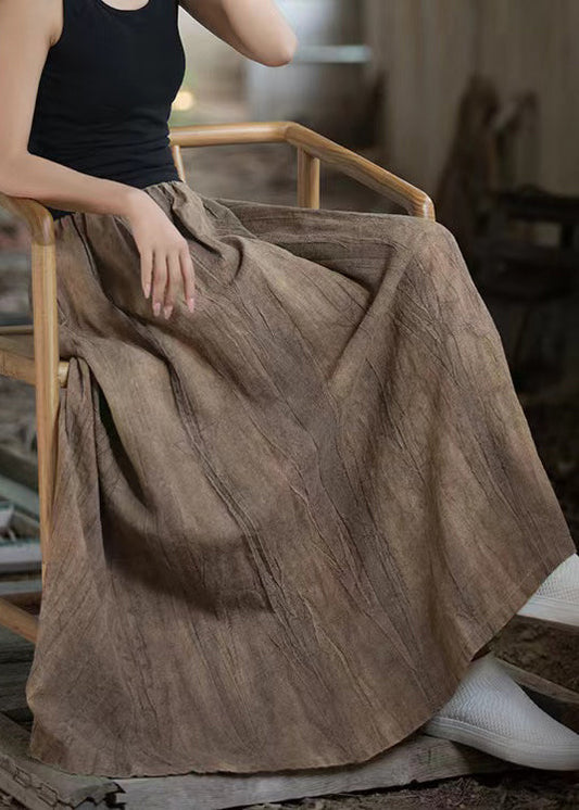 Tea Brown Tie Dye Elastic Waist Exra Large Hem Linen Skirts Summer
