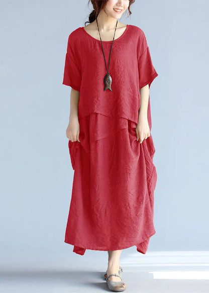 Baggy Gray Long Linen Dresses Oversized Layered Cotton Maxi Dress Short Sleeve Cotton Clothing