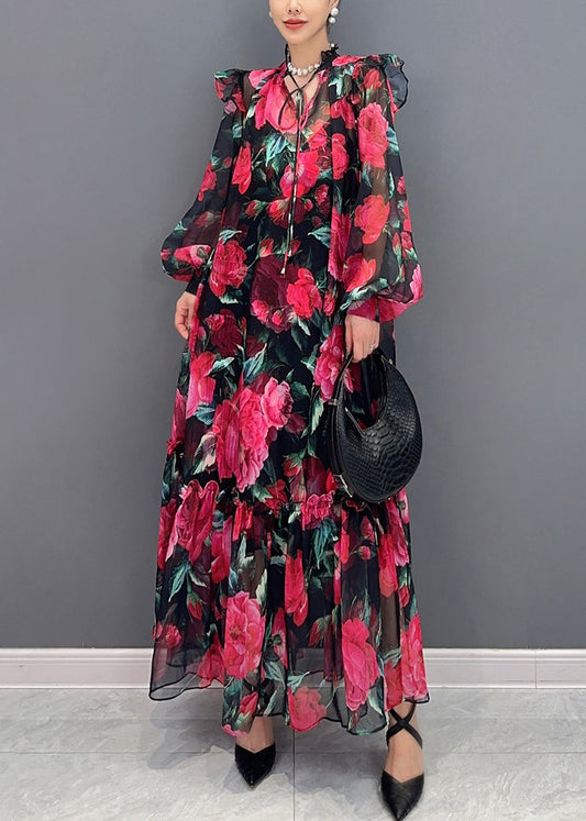 Red Print Lace Up Chiffon Long Dress Lantern Sleeve