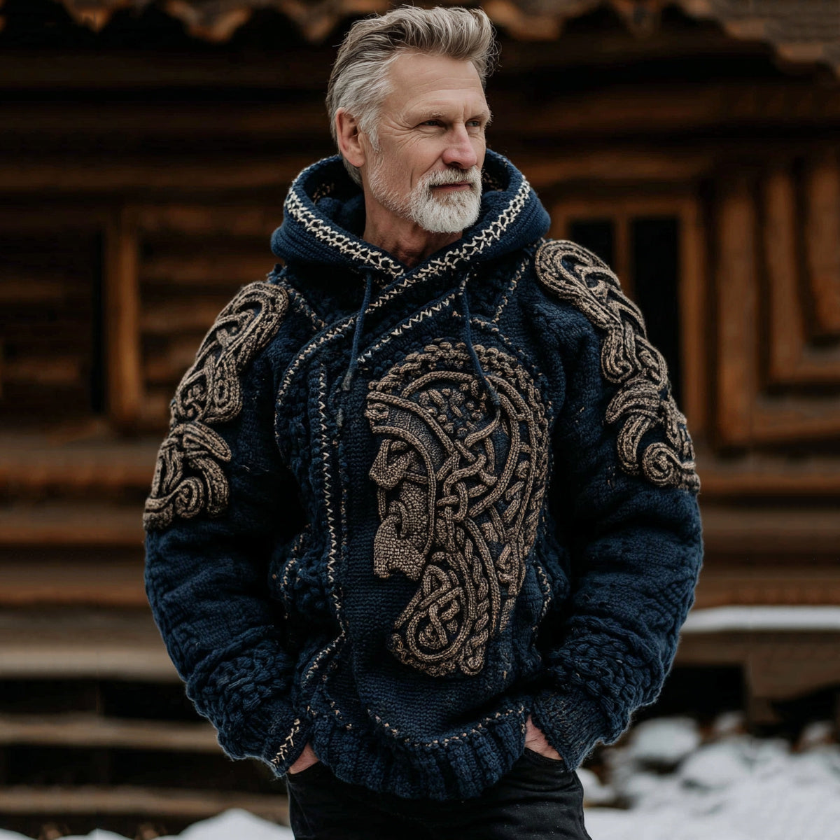 Men's Viking Warrior Ivar The Boneless Art Pattern Casual  Cozy Knit Hooded Sweater elevenforest