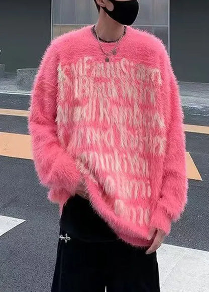 Classy Pink O Neck Letter Mink Velvet Sweater Sweater