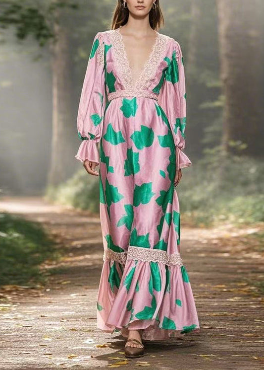 V Neck Print Lace Patchwork Silk Long Dress Spring