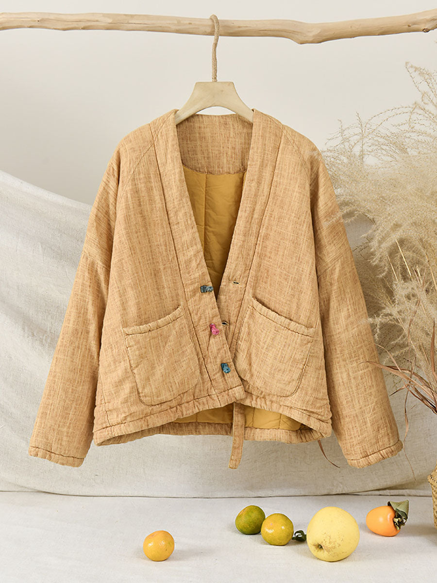 Winter Artsy Worn Button Pocket Linen Coat