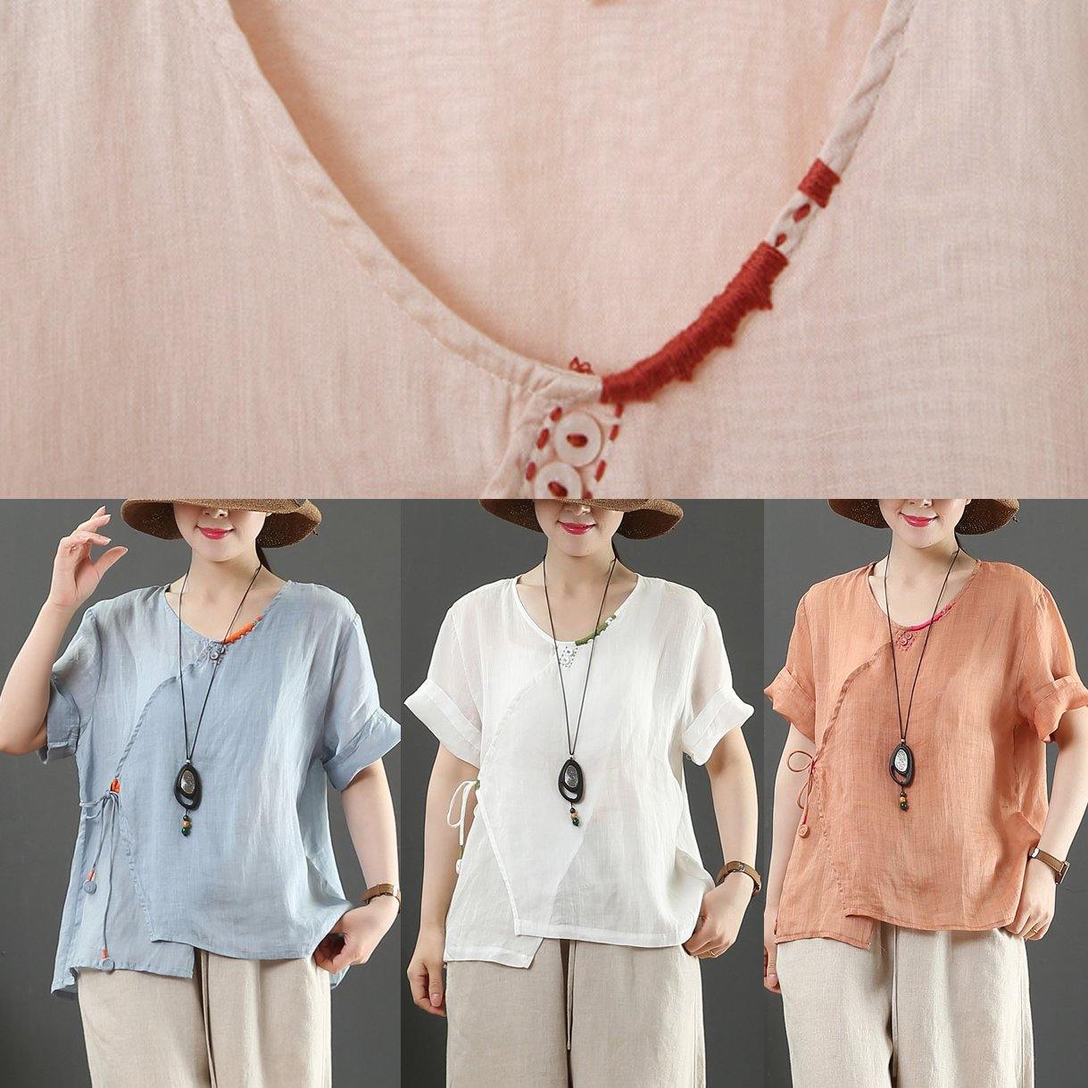 Unique Navy Linen Blouse O Neck Button Down Midi Tops