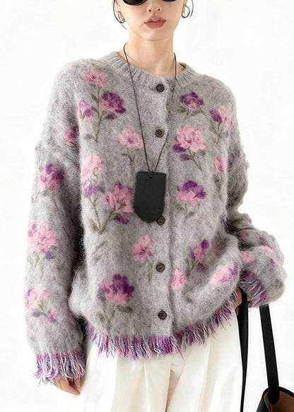 New Purple Print Button Tassel Cotton Knit Cardigans Spring
