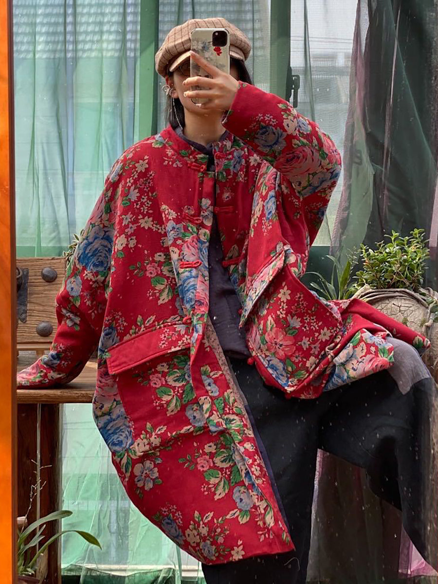 Oversize Pockets Print Cotton Coat