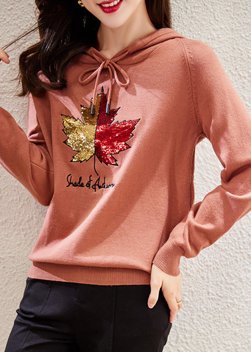 Rubber Red Hooded Embroidered Patchwork Cotton Top Fall