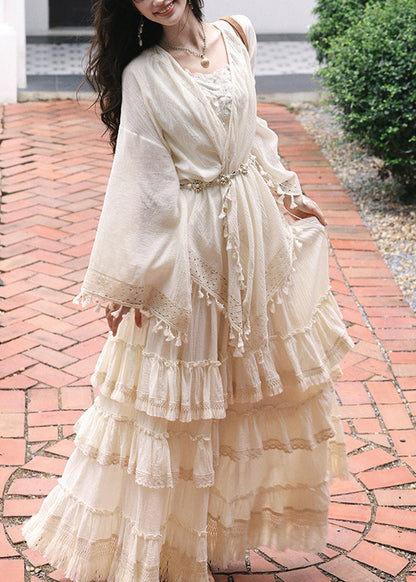 Art Beige V Neck Lace Patchwork Tassel Cardigans Maxi Skirts and Two Piece Set Spring