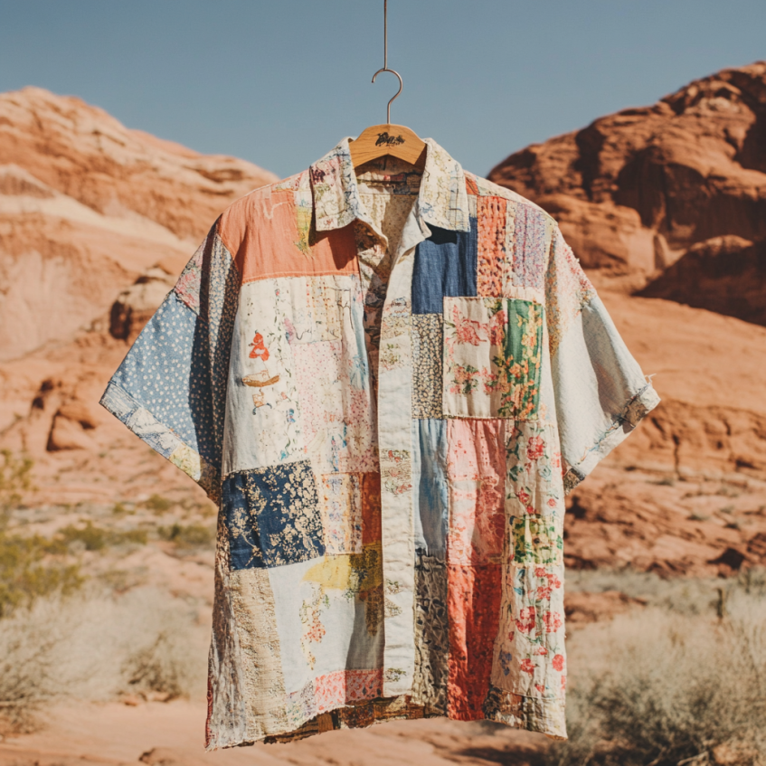 Men's Floral Applique Patchwork Art Casual Short Sleeve Shirts elevenforest