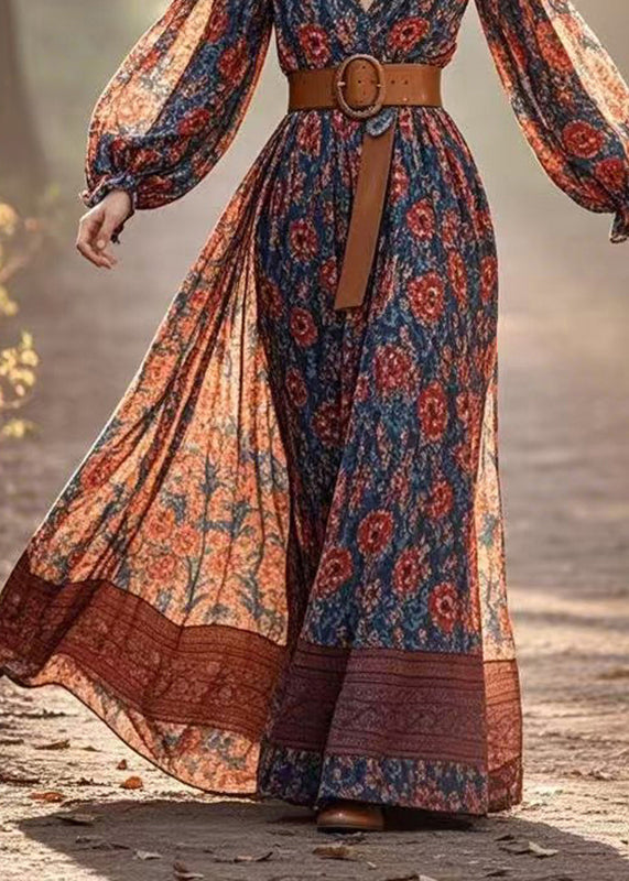 Red Patchwork Tunic Chiffon Long Dress Lantern Sleeve