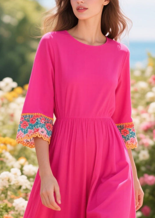 Rose O-neck Patchwork Cotton Robe Dresses Summer