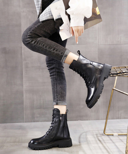 Black Boots Warm Fleece Lace Up Chunky Boots