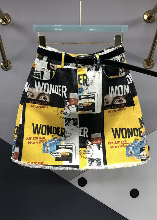 Yellow Street Graphic Pockets Patchwork Denim Skirt Summer