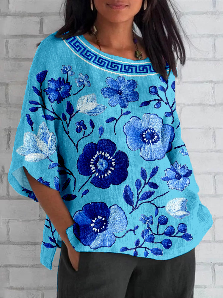 Greek Key & Floral Embroidered Linen Blend Cozy Shirt elevenforest