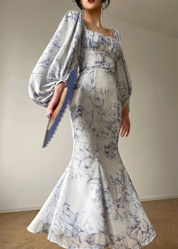Stylish Blue Square Collar Print Tops and Skirts Chiffon Two Pieces Set Spring