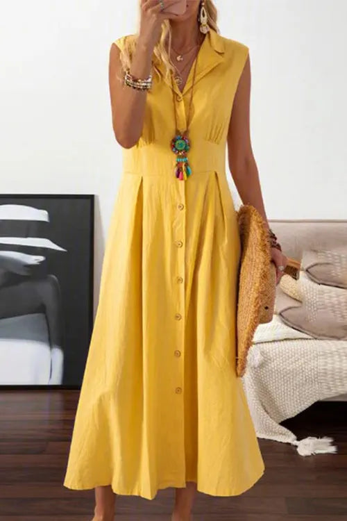 Lapel Button Sleeveless Midi Dress