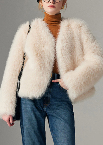 White Cozy Leather and Fur Coats Long Sleeve