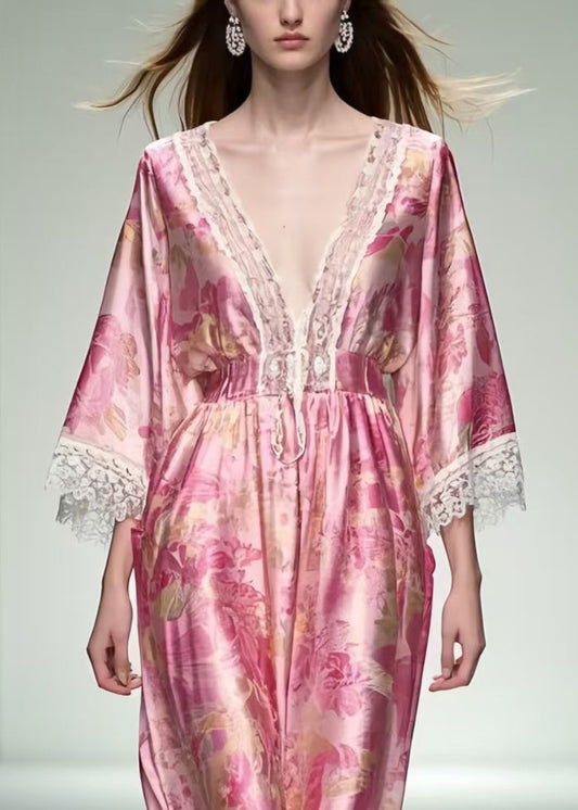 Pink Print Patchwork Lace Robe Dresses Summer